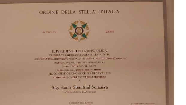 2022-10-19 14:00:00  Shri Samir Somaiya, Chancellor was honoured as the Knight of the Order of the Star of Italy by the Italian government 